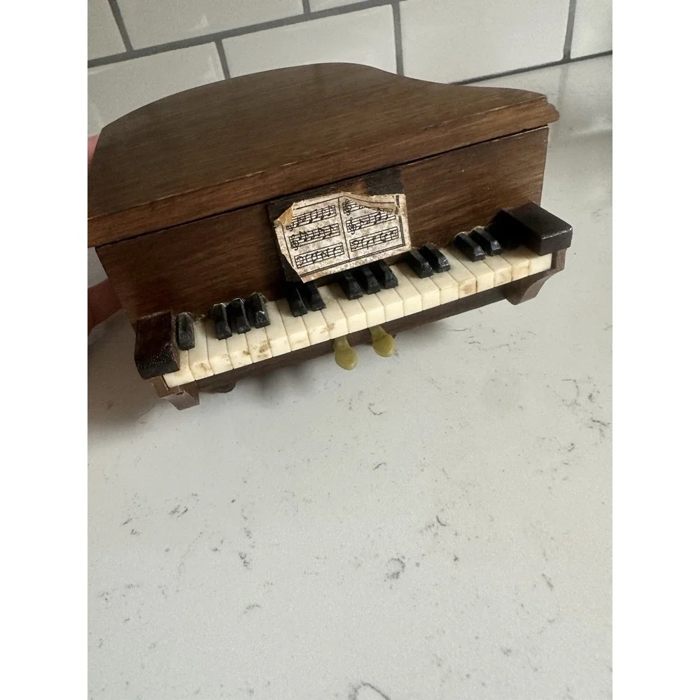 Vintage 1975 Enesco Baby Grand Piano Wooden Coaster Set 6 Cork Coasters